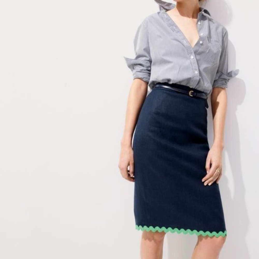J Crew 100% Linen Rickrack Trim Pencil Skirt